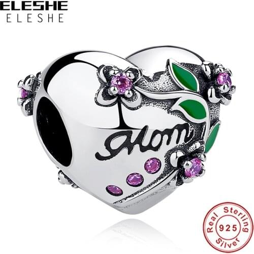 100% 925 Stering Silver Heart Charm with Flower Mother Mom Love Beads Fit Original Bracelet Women Accessories Jewelry Making