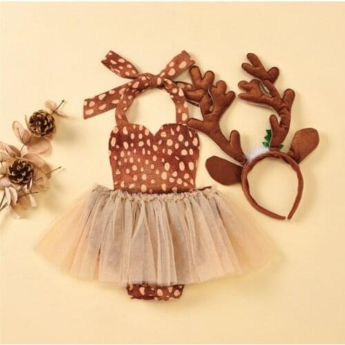 2020 Infant Baby Girl Deer Bodysuits Dress Sleeveless Strap Jumpsuits Lace Mesh Backless Sunsuit Christmas Antlers Headband Set