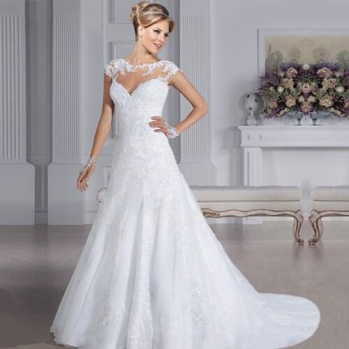 Elegant Sexy Sheer Back A-Line Wedding Dresses Appliques White Court Train Cap Sleeve O-Neck Bridal Gown