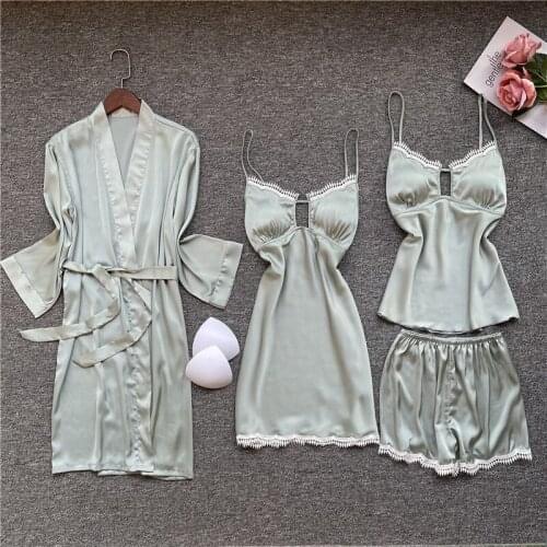 FZSLCYIYI Nightgown Sets Womens 4pcs Robe Suit Spring Sleepwear Wear Sexy Strap Nightwear Lace Sleep Kimono Bath Gown Homewear