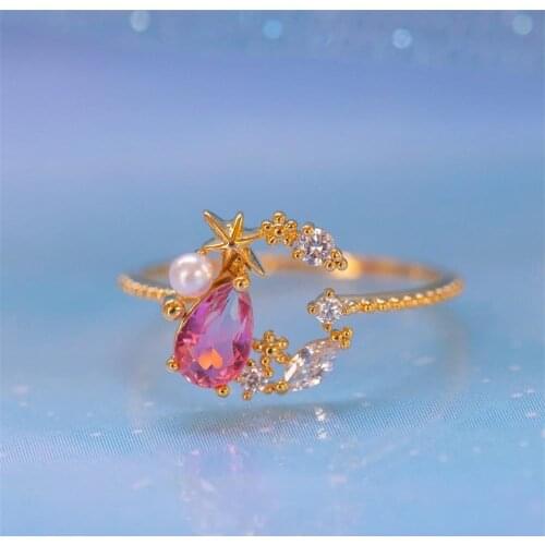 New Ins Creative Simple Star Moon Ring Vintage Exquisite Color Zircon Moon Star Rings For Women Girls Fashion Jewelry Gift