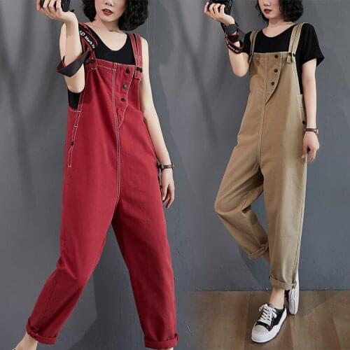 Women Jumpsuit Trousers Khaki Red Jeans Summer New High Waist Sleeveless Thin Denim Strap Rompers Fashion Female Onesies W579
