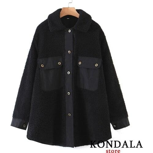 KONDALA Za Women 2021 Fashion Loose Fleece Cotton Black Jackets Thick Winter Warm Long Coats Oversized Elegant Mujer Parkas Tops