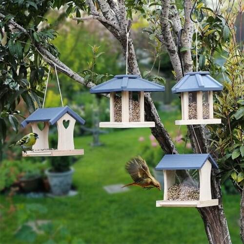 Bird Feeder Wooden Hanging Bird Food Container Rainproof Balcony Villa House Type Bird Food Box Garden Decoration mx10111141