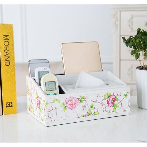 Partitioned Design Faux Leather Tissue Box Home Desk Table Remote Control Phone Tissue Paper Napkin Storage Box Holder Organizer