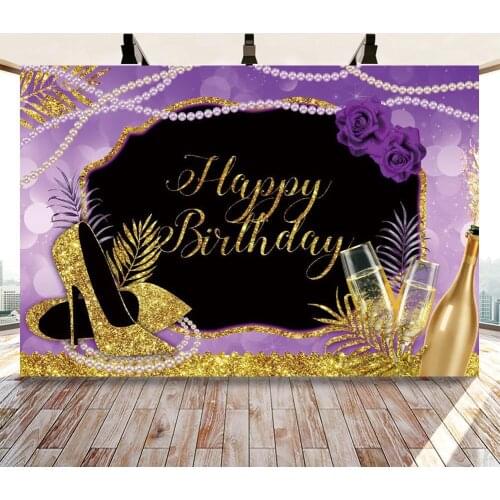 Royal Purple Gold High Heels Women Birthday Background Photography Pearls Glitter Name Customize Wine Table Photo Backdrops