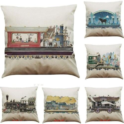 Retro train pattern Linen/cotton Throw Pillow Cushion Cover Seat Car Home Decoration Sofa Decor Decorative Pillowcase