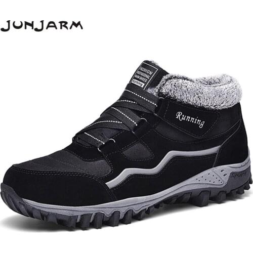 JUNJARM Winter Suede Leather Ankle Snow Men Boots Shoes With Fur Plush Warm Clasic Male Causal Boots Men Sneakers Big Size 48