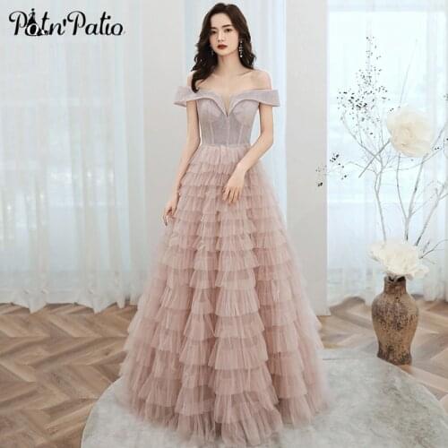 Fancy Tiered Evening Gowns 2021 Elegant Off The Shoulder Floor-Length Pink Women Formal Dresses For Birthday Party