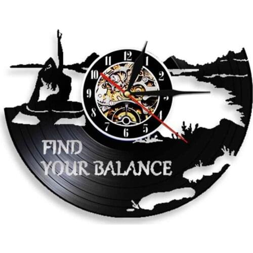 Find Your Balance Yoga Inspiration Quotes Wall Art Watch Led Night Lamp Yoga Logo Studio Mood Lighting Vinyl Record Wall Clock