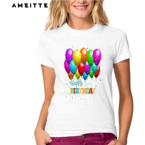 Newest Colorful Balloons Printing T-Shirt Summer Womens Funny Cartoon Happy Birthday Gift Short Sleeve Tops Tee Clothes