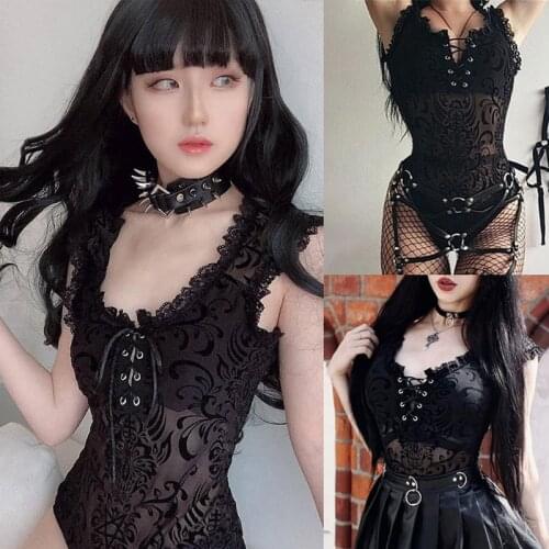 2020 NEW Women Jumpsuit Sheer Mesh Lace Gothic Lace Up Sleeveless Clubwear Party Bodysuits Casual Playsuit female Rompers Black