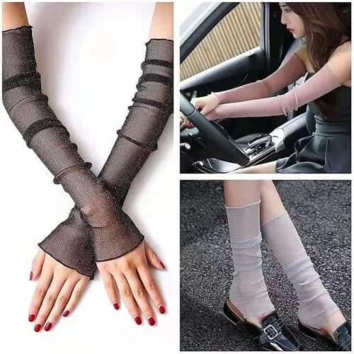 Fingerless Gloves Women Men Summer Long Sun Protection Sleeve Leg Warmer Ladies Breathable Ice Silk Lace Long Arm Warmer