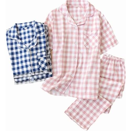 Mens And Womens Pajamas Set Spring New Gauze Cotton Plaid Lovers Sleepwear Simple Style Short Sleeve+Pant 2Piece Set Homewear