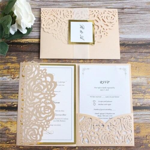 Luxury party invitation nude pink laser cut tri-floding pocket metallic gold border belly custom printing