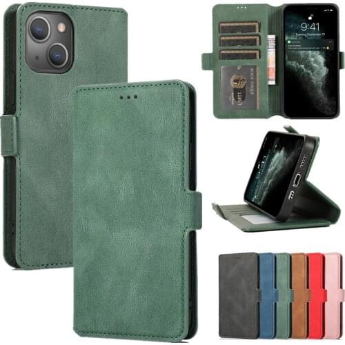 Luxury Retro Wallet Leather Case for iPhone 13 12 11 Pro Max XR XS SE 2020 7 8 Plus Flip Cover Solid Color Business Cards Fundas