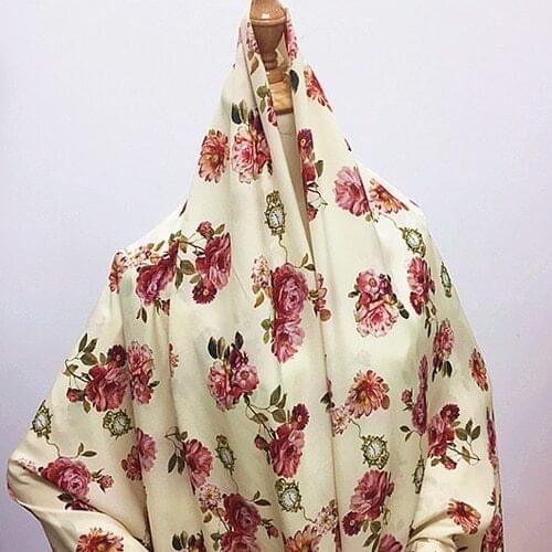 Alarm clock and floral print silk Crepe DE chine fabric beige bottom,SCDC965