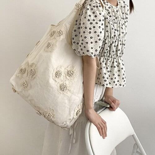 Yeqofcd Flower Cute Embroidery Shoulder Bags Mesh Organza Foldable Grocery Tote Bag Female Handbag For Summer