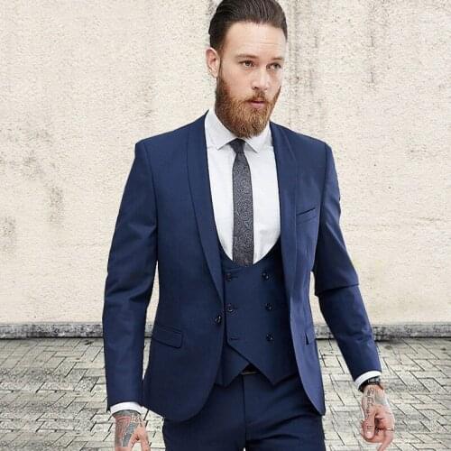 Navy Blue Men Suits Slim Fit Groom Wedding Suit Double Breasted Vest Man Blazer Jacket Costume Homme Shawl Lapel 3Piece Ternos