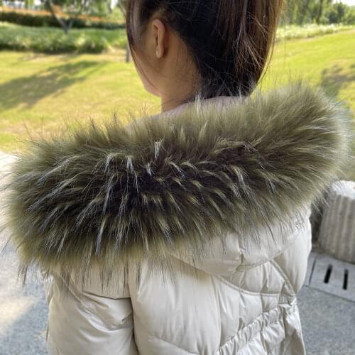 Faux Fur Collar For Parkas Coats luxury Warm Fox Raccoon Scarf Women Large Scarves Male Down jacket Fur Collar Military Green
