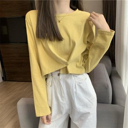 Design sense solid color crimping Korean womens autumn thin long sleeve T-shirt womens short loose top