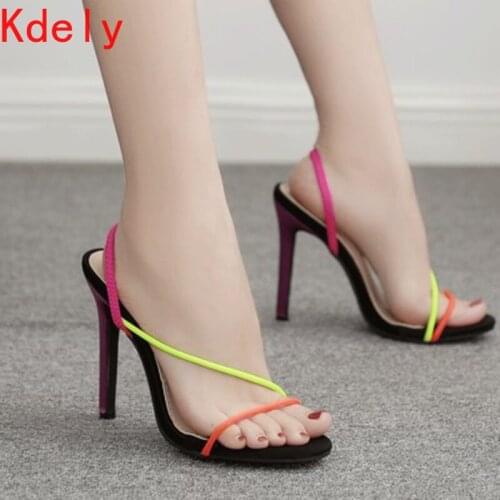 2021 New Fashion New Flock Women Slippers Summer Thin High Heels Dress Slip on Causal Slides Women Mules Colorful Size 35-42