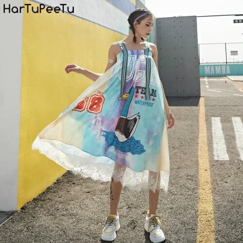 Womens Summer Casual Backless Swing Cartoon Suspender Strap Dress with Lace Hem Hip Hop Loose Mid-Length 2020 European Station