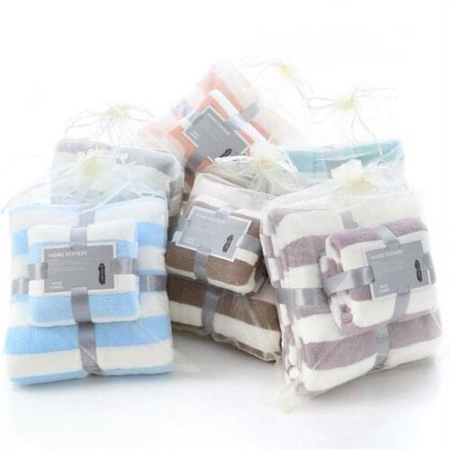 2pcs one set stripe coral fleece towel set adult coral velvet bath towel sets microfiber home bathing towel sets