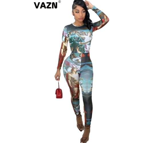 VAZN 2021 Hot Retro Fashion Sexy Young Soft Fancy Daily Free Round Neck Full Sleeve Women High Waist Skinny Pencil Jumpsuits