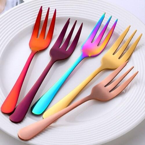 1Pc Dessert Pastry Fork Multicolor Rainbow Stainless Steel Cake Fruits Salad Appetizer Notched Small Fork for Snack Dropship