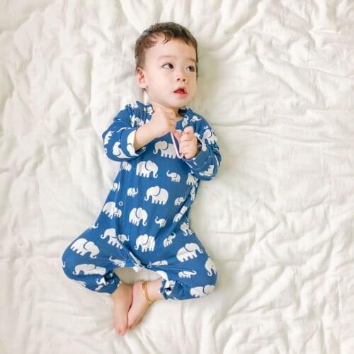 Infant Baby Boy Rompers Lovely Blue Elephant Printed Long Sleeve Autumn Onesies Side Snap Jumpsuit Sleepwear and Playwear