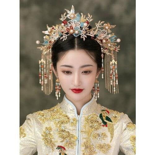 HIMSTORY Luxury Chinese Vintage BLue Bridal Hair Crowns Flower Hairpins Headdress Beaded Wedding Jewelry Accessories