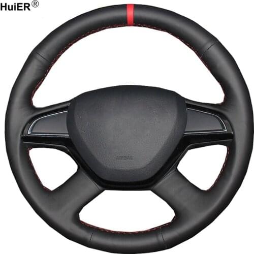 HuiER Hand Sew Car Steering Wheel Cover Red Marker For Skoda Octavia 2015 2016 Fabia 2014 Rapid 2013-2015 Superb 2013-2016 Yeti