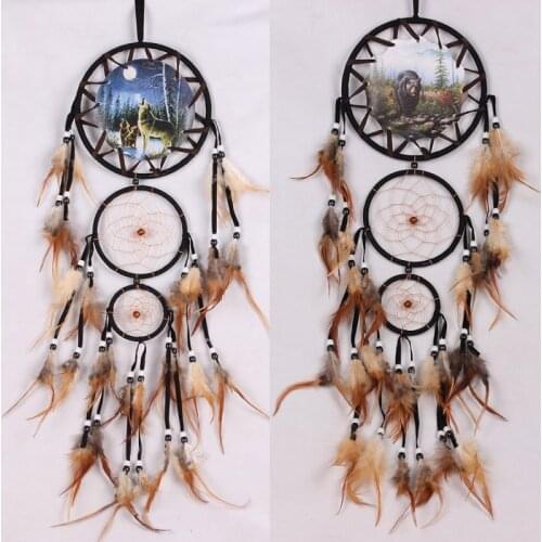 Handmade Dream Catcher Creative Wall Decorations Wolf Pattern Indian Dreamcatcher Retro Feather Ornament Home Room Hanging Decor
