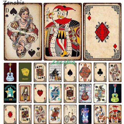 Playing Card Set Metal Tin Sign Casino Wall Art Decoration Rock Guitar Electric Music Iron Painting Bar Cafe Music Hall Decor