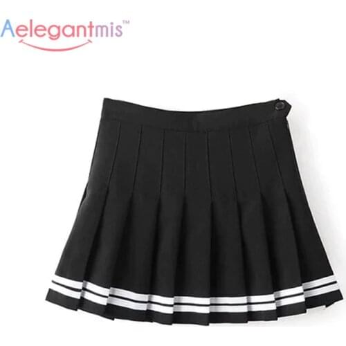 Aelegantmis Sweet Pleated Skirt Women Preppy Style Mini High Waist Skirt Girls Vintage Black White Cute School Uniforms Skirts