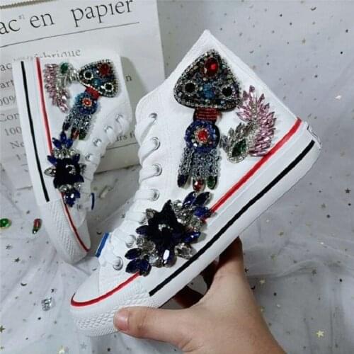 Fashion personality ladies high-top canvas shoes summer new style retro handmade rhinestones cute cartoon thick-soled shoes