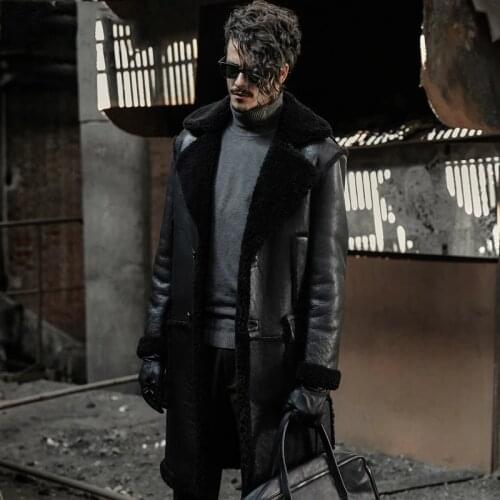 Mens New Style Shearling Long Jacket Handsome Motorcycle Thick Coat Lapel Collar With Fur Outerwear