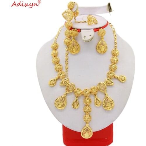 Adixyn New Dubai Jewelry set for Women Gold Color/Copper Necklace bracelet Earrings Ring Set African Wedding Gifts N022110