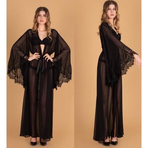 Summer Black Nightgowns Bathrobe Illusion Lace Long Sleeve Kimono Gown Bathrobe Sleep Nightdress Robe For Wedding Shower Pajamas