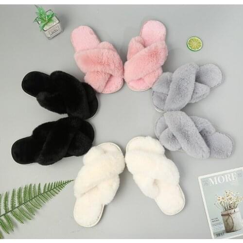 2021 New Winter Faux Fur Indoor Slippers Rabbit Plush Cross-strap Cotton Sandalias Women Flats Sandales Female Shose