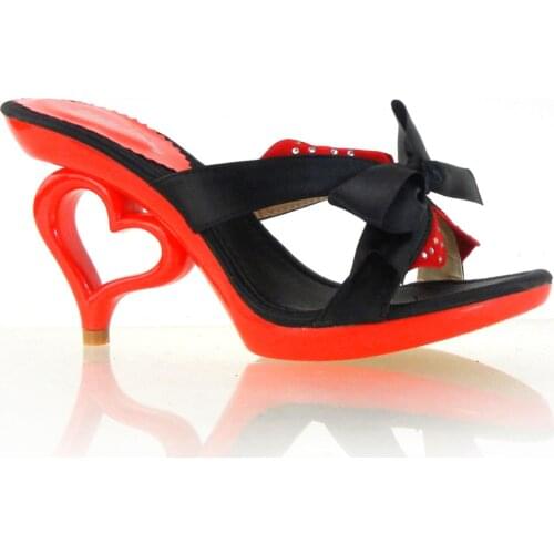 FY36124 New Red & Black Bow Beads Heart Heels Slip-ons Sandals Size 4/5/6/7/8.5/9