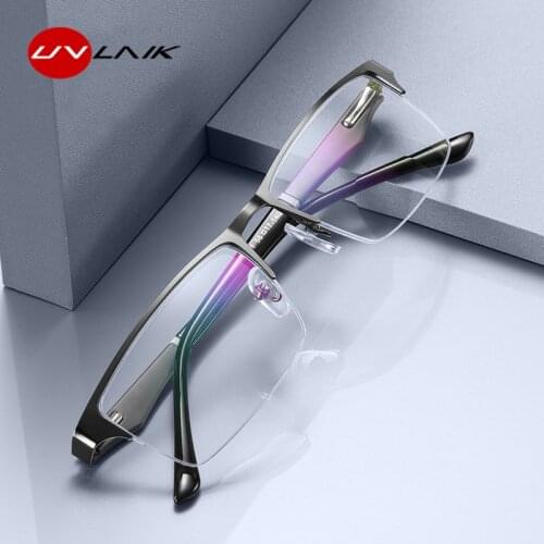 UVLAIK Double Light Reading Glasses Men Anti Blue Light Half frame Business Computer Bifocal Prescription Eyeglasses Diopter +1