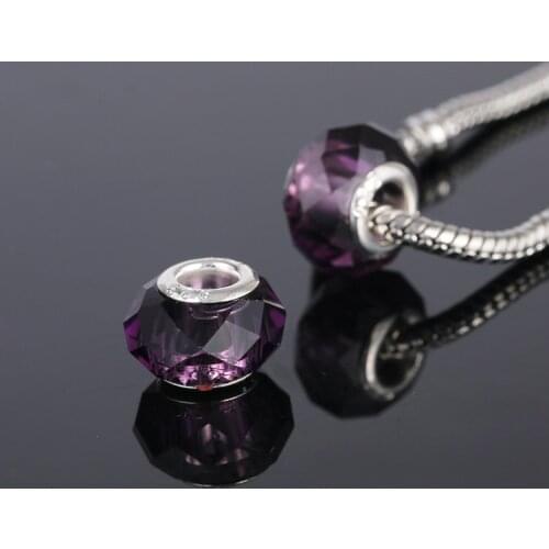 10PCS/lot Wholesale Purple Faceted Glass Beads Crystal Big Hole Charms fit European Charm Pandora Style Bracelets and Necklaces