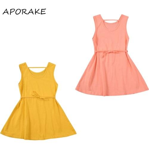 2021 1-7Y Kids Girls Fashion Sleeveless Dress Summer Stylish Backless Solid Color A-line Dress Casual Clothing