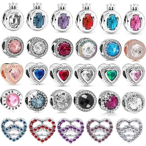 Silver Plated Pink Blue Green Crystal Colorful Charm heart Beads fit Original Pandora Bracelet Ladies DIY Jewelry Making Gifts