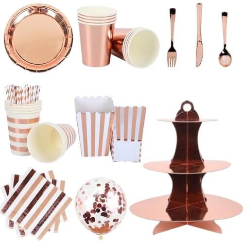 Rose Gold Party Disposable Tableware rose gold Cup Plate Straws Adult Birthday Party Decor Baby Bridal Shower Party Supplies