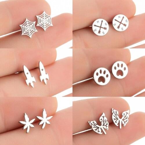 100% Stainless Steel Dog Paw Earrings for Women Girls Punk Black Rocket Maple Leaf Compass Spider Web Earrings Piercing brincos
