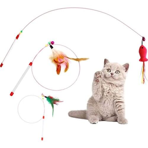 Funny Cat Stick Pet Teaser Fish Ribbon Wire Chaser Pet Kitten Toy Wand Beads Play Teaser Feather With Bell