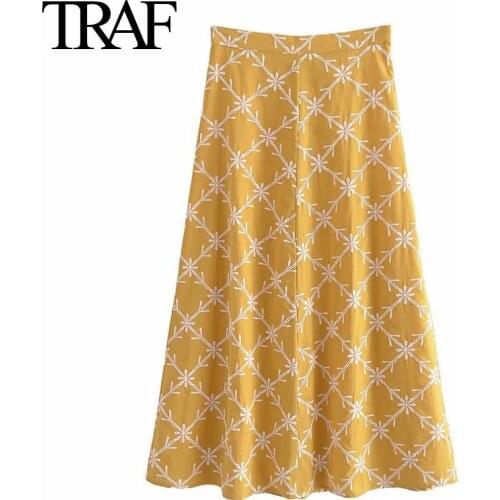 Traf Za Women Clothing 2021 Summer Ankle-Length Chic Office Lady Midi Skirts High Waist A-line Embroidered Long Skirts